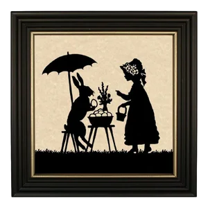 "Easter Bunny and Little Girl" Contemporary Paper Cut Silhouette, Framed