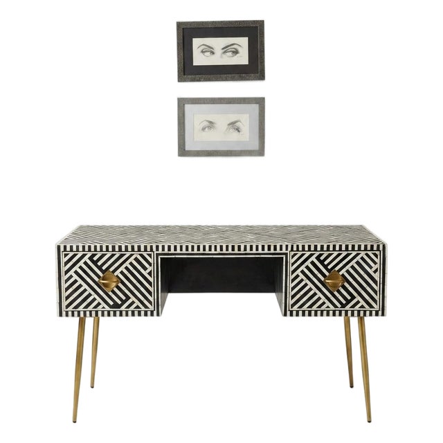 Black and White Optical Inlay Handcrafted Desk For Sale