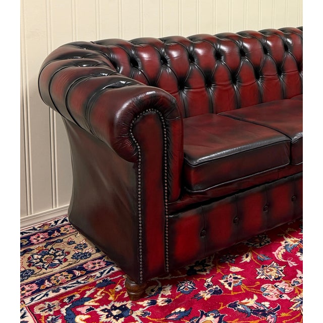 1970s Vintage English Chesterfield Leather Tufted Sofa Oxblood Red Mid Century For Sale - Image 5 of 18
