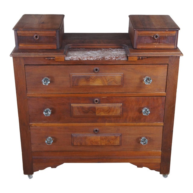 Late 19th Century Antique Victorian Carved Walnut Step Back Dresser Chest Marble Glove Box Drawers For Sale