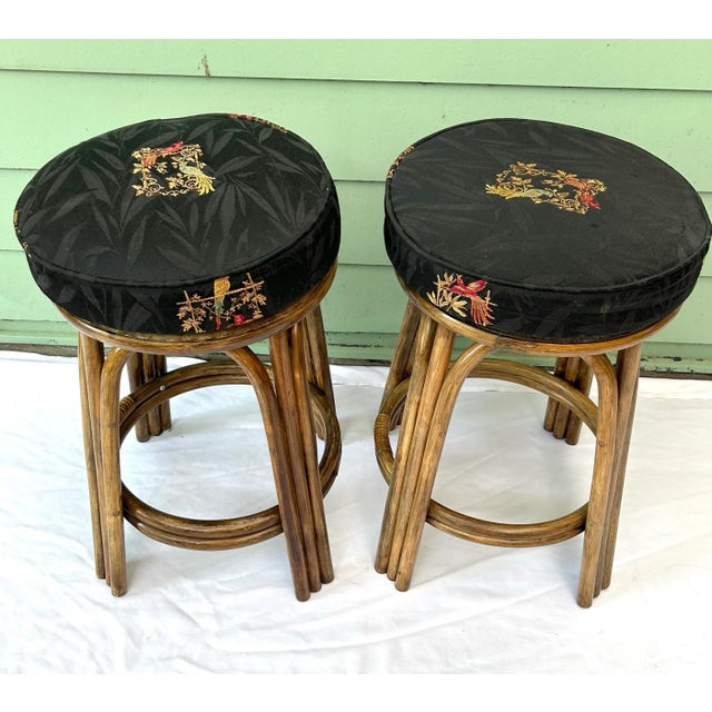 Clark Casual Furniture Pair of Vintage Rattan Counter Stools With Embroidered Aviary Seats For Sale - Image 4 of 11