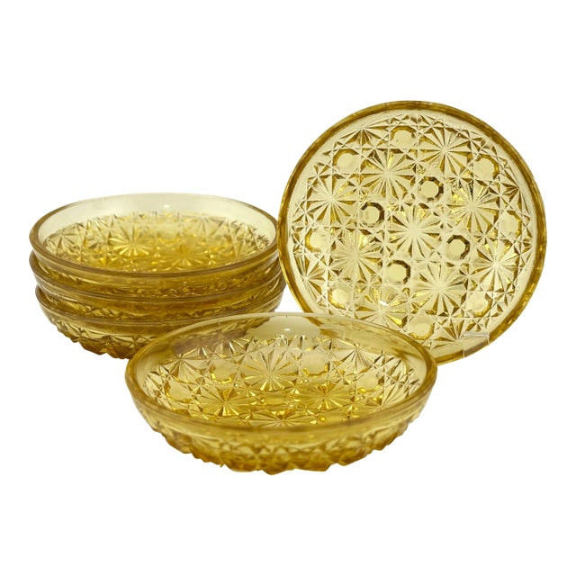 Amber Glass Butter Pats – Eapg Daisy & Buttons – 5 Pc Early 1900s Pressed Glass For Sale