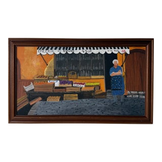 1980's M.GayLord Folk Art Impressionist Woman at Grocery Store Oil on Canvas - Framed For Sale