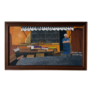 1980's M.GayLord Folk Art Impressionist Woman at Grocery Store Oil on Canvas - Framed