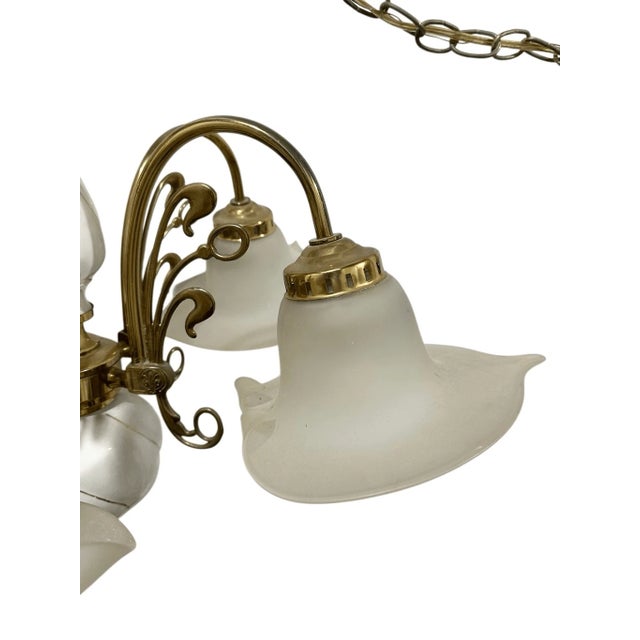 Vintage Art Nouveau Style Fleur De Lis Calla Lillies Shades 5 Arms Chandelier For Sale - Image 4 of 13