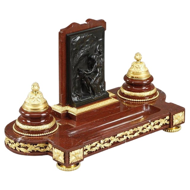 Inkwell in Red Marble with Allegory in Gilt Bronze by Henri Chapu For Sale