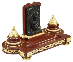 Inkwell in Red Marble with Allegory in Gilt Bronze by Henri Chapu