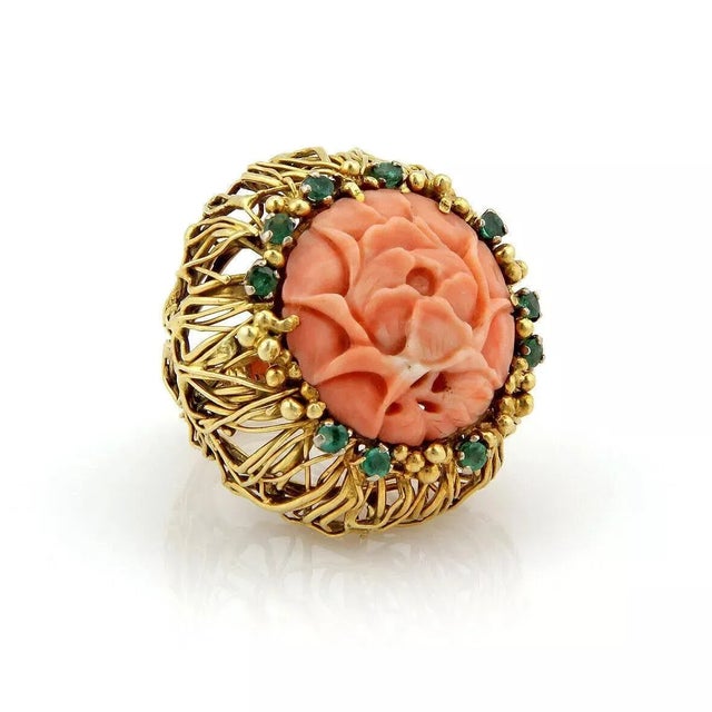 Contemporary J. Auen 14k Yellow Gold Coral & Emerald Large Flower Ring - Size 6 For Sale - Image 3 of 6