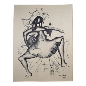 László Mindszenti Ink on Paper, Mounted on Cardboard, Signed and Dated 1972