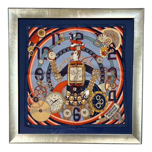 Hermes Monsieur Montres Vintage Framed Silk Scarf For Sale