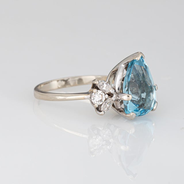 Modern 3.50ct Pear Cut Aquamarine Ring Vintage 14k White Gold Sz 6 Fine Jewelry For Sale - Image 3 of 6