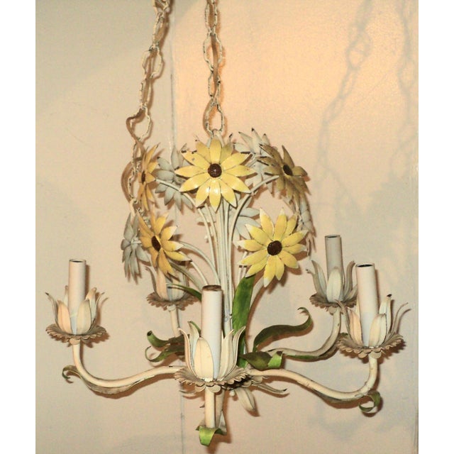 Mid 20th Century Vintage French Italian Tole Metal Painted Daisy Chandelier For Sale - Image 5 of 9