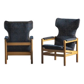 Set of Armchairs in Teak with Blue Patterned Cushions, 1969 For Sale