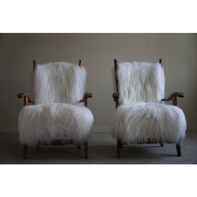 Armchairs in Oak & Longhaired Icelandic Sheepskin by Henning Kjærnulf, 1950s, Set of 2 For Sale - Image 14 of 18