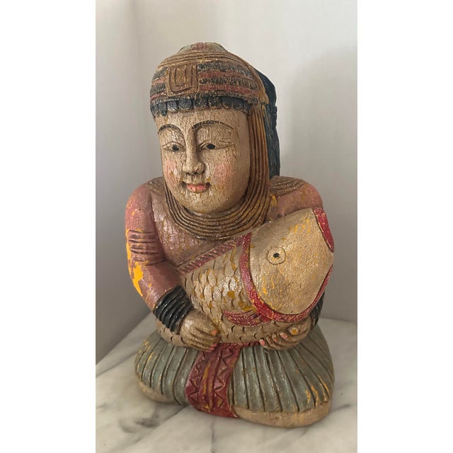 1980s Seated Asian Carved Wood Figure Holding Fish For Sale - Image 5 of 9