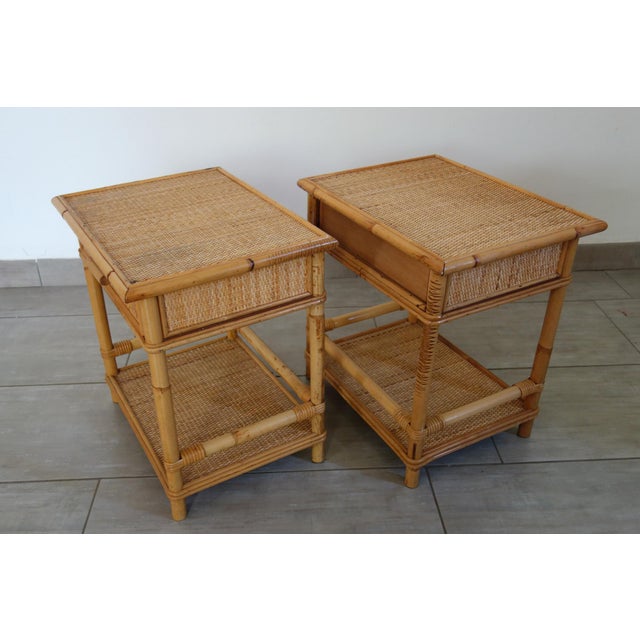 Wood Bedside Tables in Woven Wicker and Bamboo, 1970s, Set of 2 For Sale - Image 7 of 16