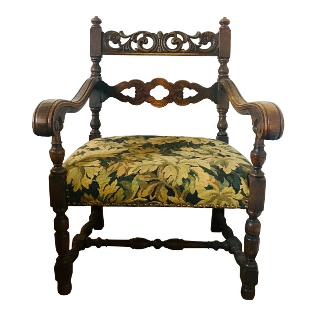 Late 19th Century Carved Oak + Tapestry Jacobean Armchair For Sale
