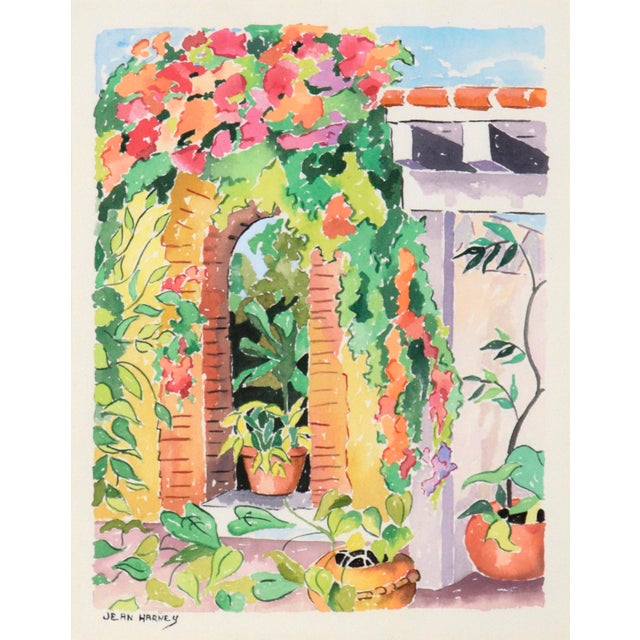 Bright floral landscape by Jean Harney (American, 20th Century). An interior courtyard is full of plants and flowers in...