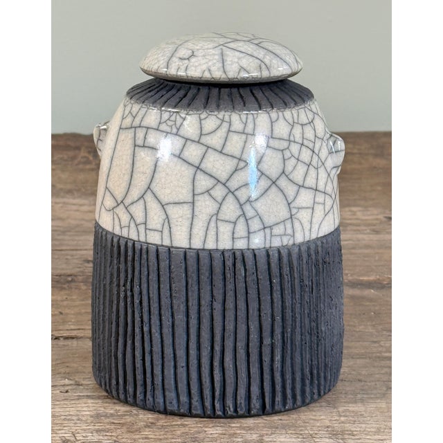 Mid-Century Modern Vintage Studio Ceramic Raku Lidded Jar W/ Black and White Crackle Glaze by Mike Bose For Sale - Image 3 of 8