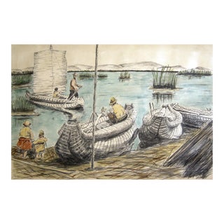 Mid 20th Century Lake Titicaca Peru Watercolor and Drawing For Sale