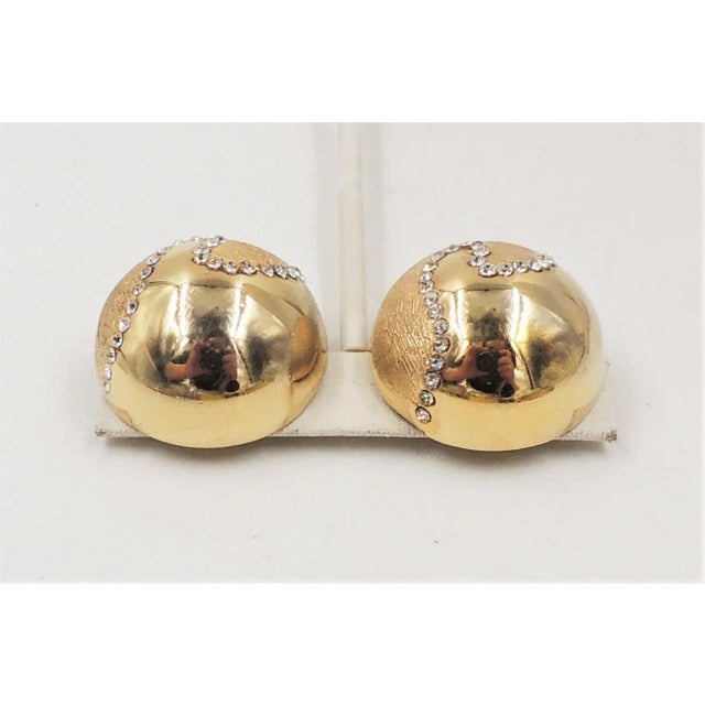 Metal Vintage 1980s Signed Bijoux Cascio Domed Goldtone & Rhinestone Earrings - 2 Pieces For Sale - Image 7 of 10