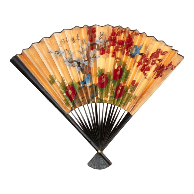 Vintage Birds & Blossoms Painted Chinese Fan For Sale