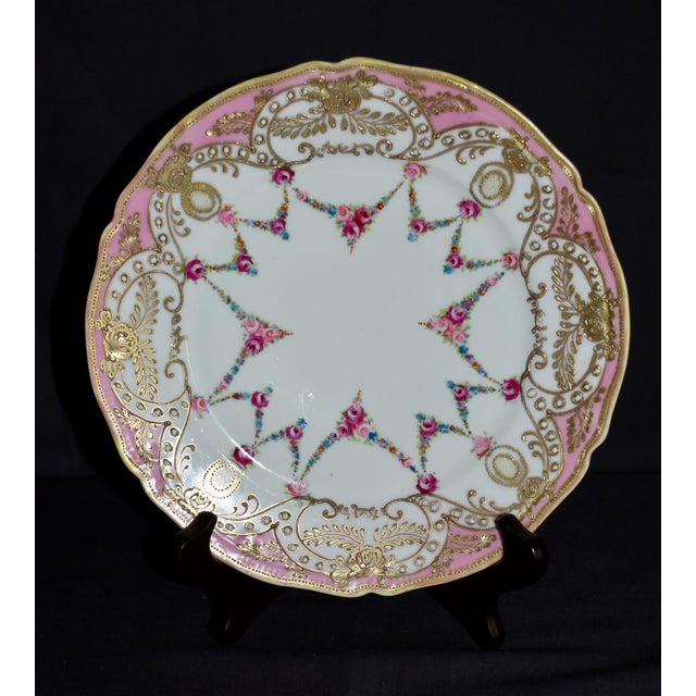 Japanese Antique Painted Porcelain Plate Nippon Encrusted Gold Pink Rose Garlands For Sale - Image 3 of 15