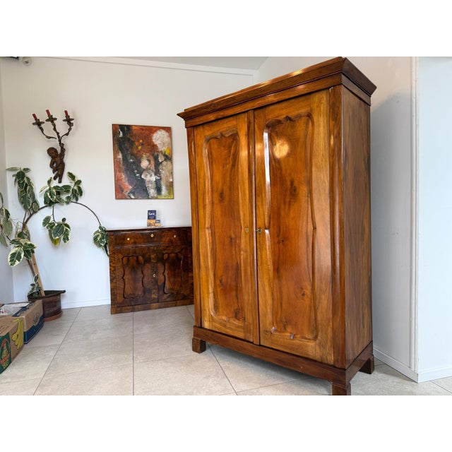 Original Biedermeier Wardrobe in Walnut Veneer with Clothes Rail For Sale - Image 4 of 10