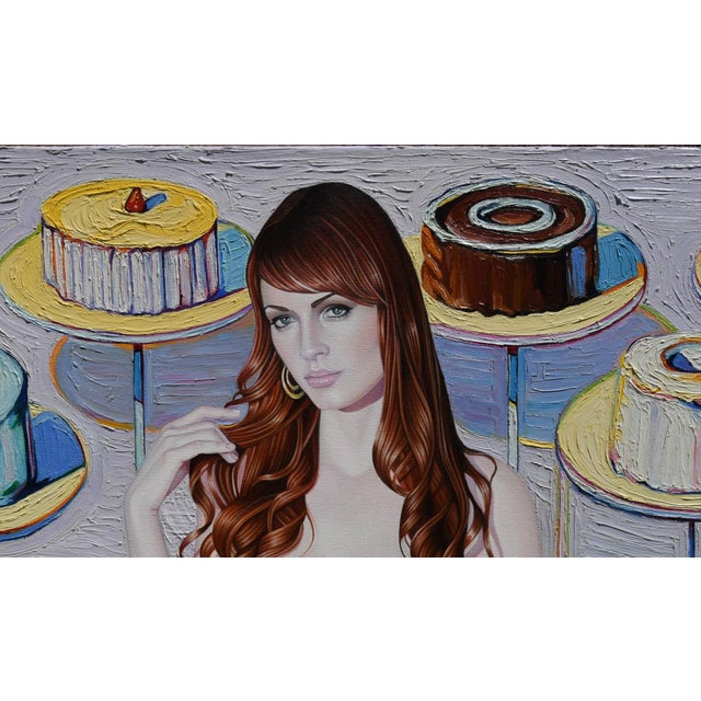 Contemporary Angel Food by Suzy Smith | Oil on Panel Portrait of a woman with cakes in the background For Sale - Image 3 of 5