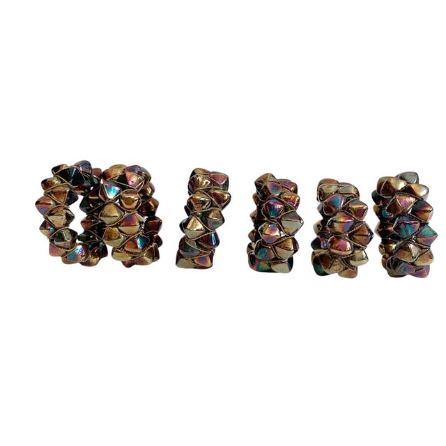 Mid-Century Modern Vintage Geometric Spiked Napkin Rings Featuring Iridescent, Multi-Toned Metallic Beads - Oil Slick - Set of 6 For Sale - Image 3 of 5