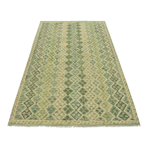 Kilim Rug 6'10'' X 9'10'' Green Wool Geometric Handwoven Oriental Carpet
