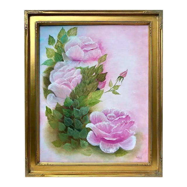 Vintage Impressionist Oil Painting of Pink Roses by Darlene Nolan For Sale