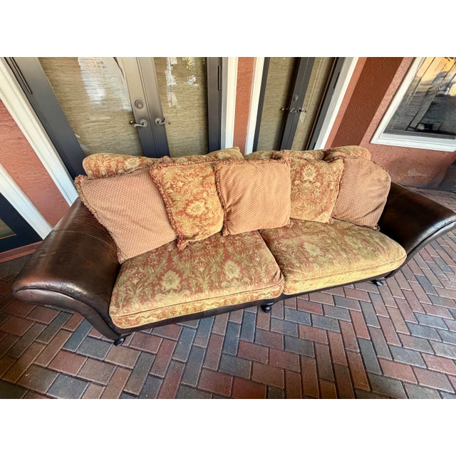 2000 - 2009 Bernhardt Sofa, Loveseat and Ottoman Coffee Table, Matching Set in Brown Leather With Fabric Seat and Back Cushions For Sale - Image 5 of 12