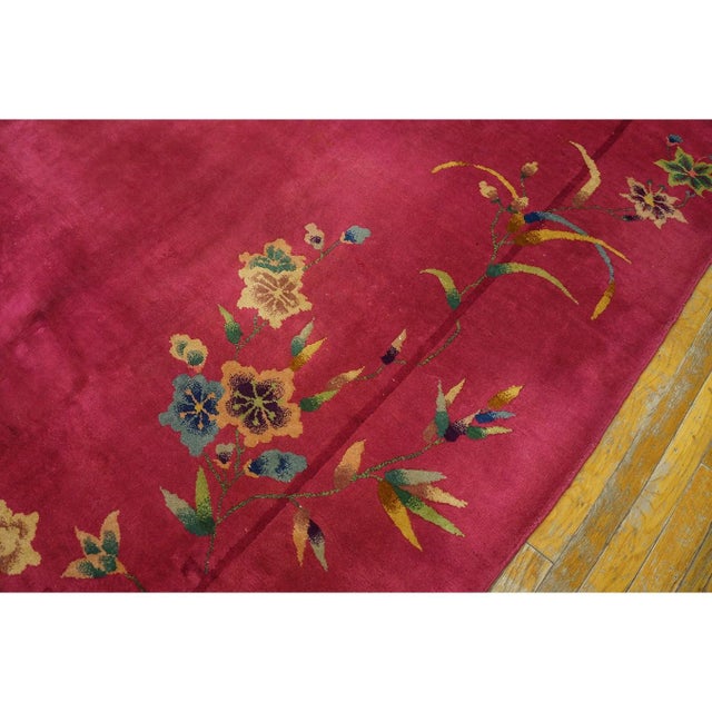 1920s 1920s Bright Pink Floral Modern Antique Chinese Deco Rug 8' 10" X 11' 6" Knotted For Sale - Image 5 of 9
