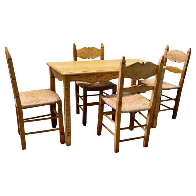 Brown Country Style Carved Dining Table and Chairs, 1960s, Set of 5 For Sale - Image 8 of 8