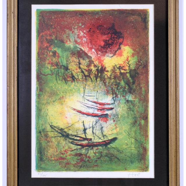 Excellent Condition overall Hoi Lebadang "Five Boats" Mid-Century Hand Signed & Numbered Limited Edition 95/275 Framed &...