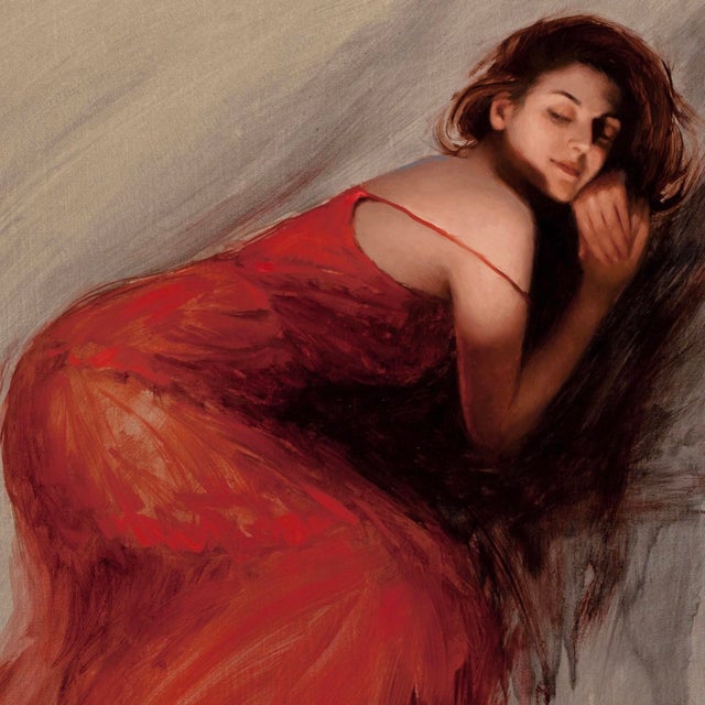 This oil painting features a figure draped in a flowing crimson gown, blending seamlessly with the soft, muted background....