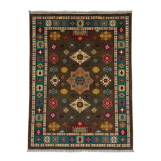 Brown and Teal Kazak Rug With Star Medallion, 5'8" X 7'9" For Sale