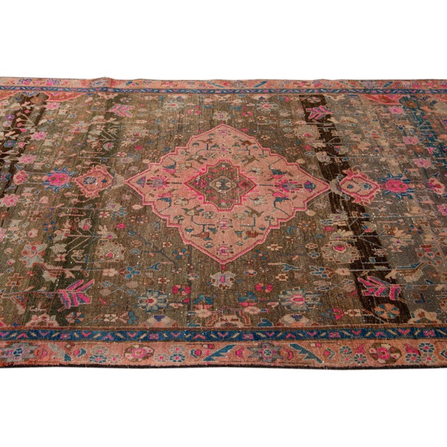 Textile Vintage Distressed Handmade Medallion Brown & Pink Wool Rug For Sale - Image 7 of 8