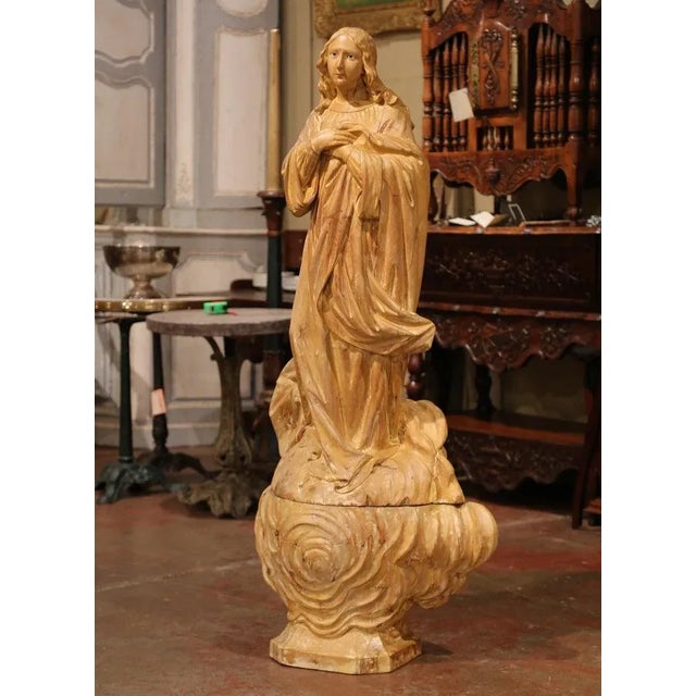 Early 19th Century Early 19th Century French Carved Pine Religious Figure on Carved Cloud Form Base For Sale - Image 5 of 13