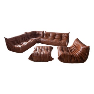 Cognac Brown Leather Togo Living Room by Michel Ducaroy for Ligne Roset, Set of 5 For Sale