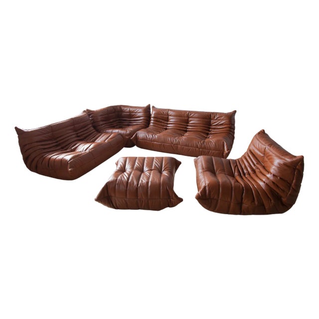 Cognac Brown Leather Togo Living Room by Michel Ducaroy for Ligne Roset, Set of 5 For Sale