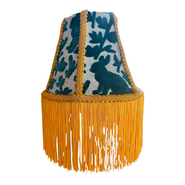 Covington Luv Bunny Teal Velvet Unique Lampshade With Yellow Fringe That Glows! For Sale