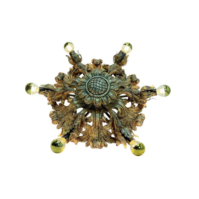 Wood Wooden Floral Carved Ceiling Light in Polychrome from CN Firenze, 1970s For Sale - Image 7 of 14