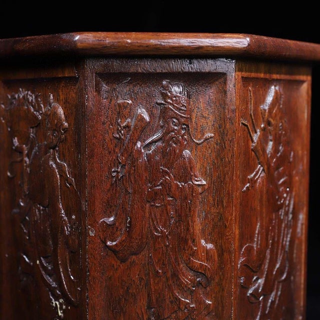 Brown Vintage Chinese Huali Rosewood Brush Pot | Octagonal Carved Eight Immortals Motif For Sale - Image 8 of 10