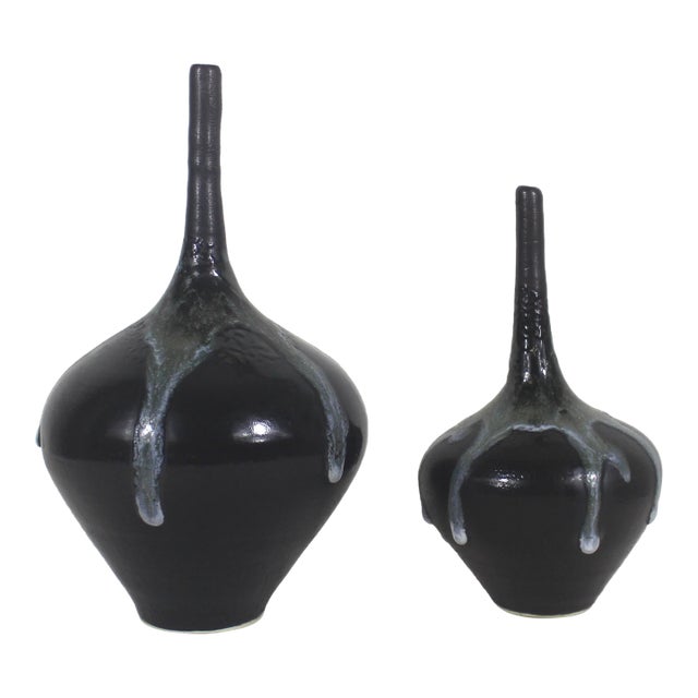 Vintage Pair of Studio Art Pottery Vases With Drip Glaze Fat Lava For Sale