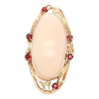 Large 1970s Sculptural 14k Gold, Coral, & Garnet Gemstone Cocktail Ring For Sale