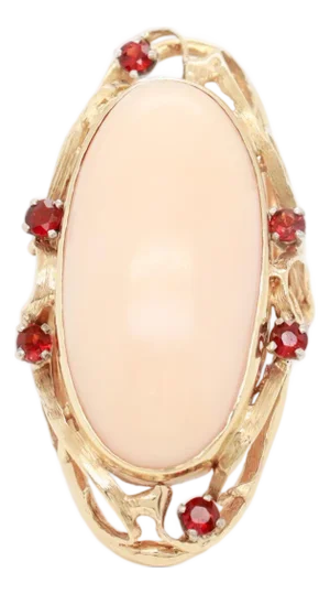 Large 1970s Sculptural 14k Gold, Coral, & Garnet Gemstone Cocktail Ring
