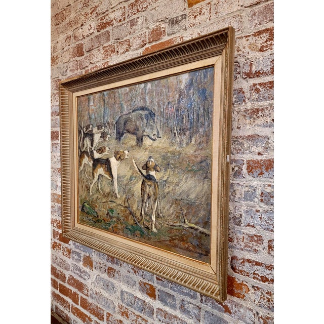 Brown Charles Perrin-Wild Boar Hunting With Dogs -1920s Sporting Oil Painting For Sale - Image 8 of 9