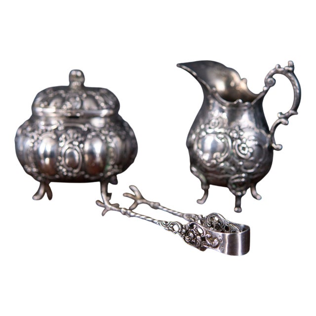 Milk Jug, Sugar Bowl and Tongs in Silver, Set of 3 For Sale